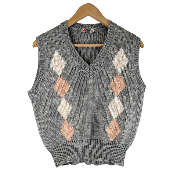 CRAZY HORSE Vintage Gray & Pink Argyle Sweater Vest - Picture 1 of 5